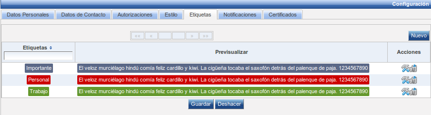 Pantalla de etiquetas de usuario