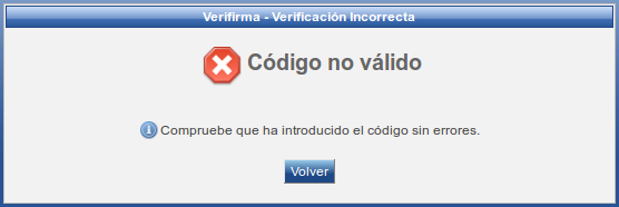 Mensaje de error verificación incorrecta